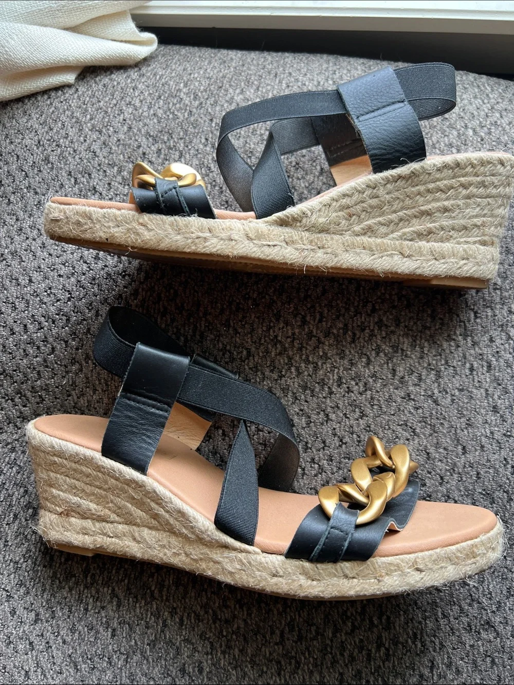 Maypol Black Espadrille Wedge Sandals with Gold Chain Accent Sz 39